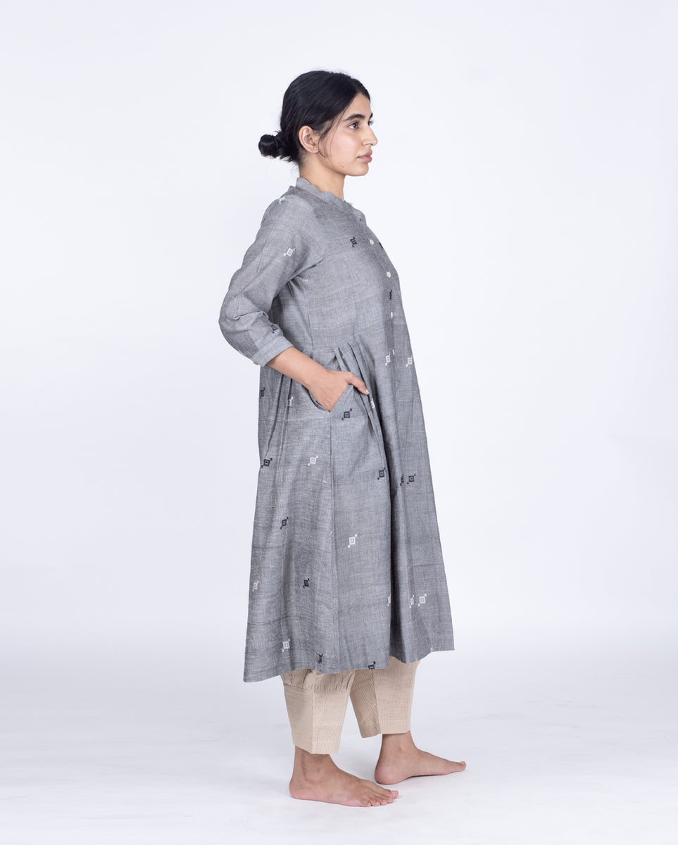 Grey - Jhiri Handloom Flared Cotton Kurta 04