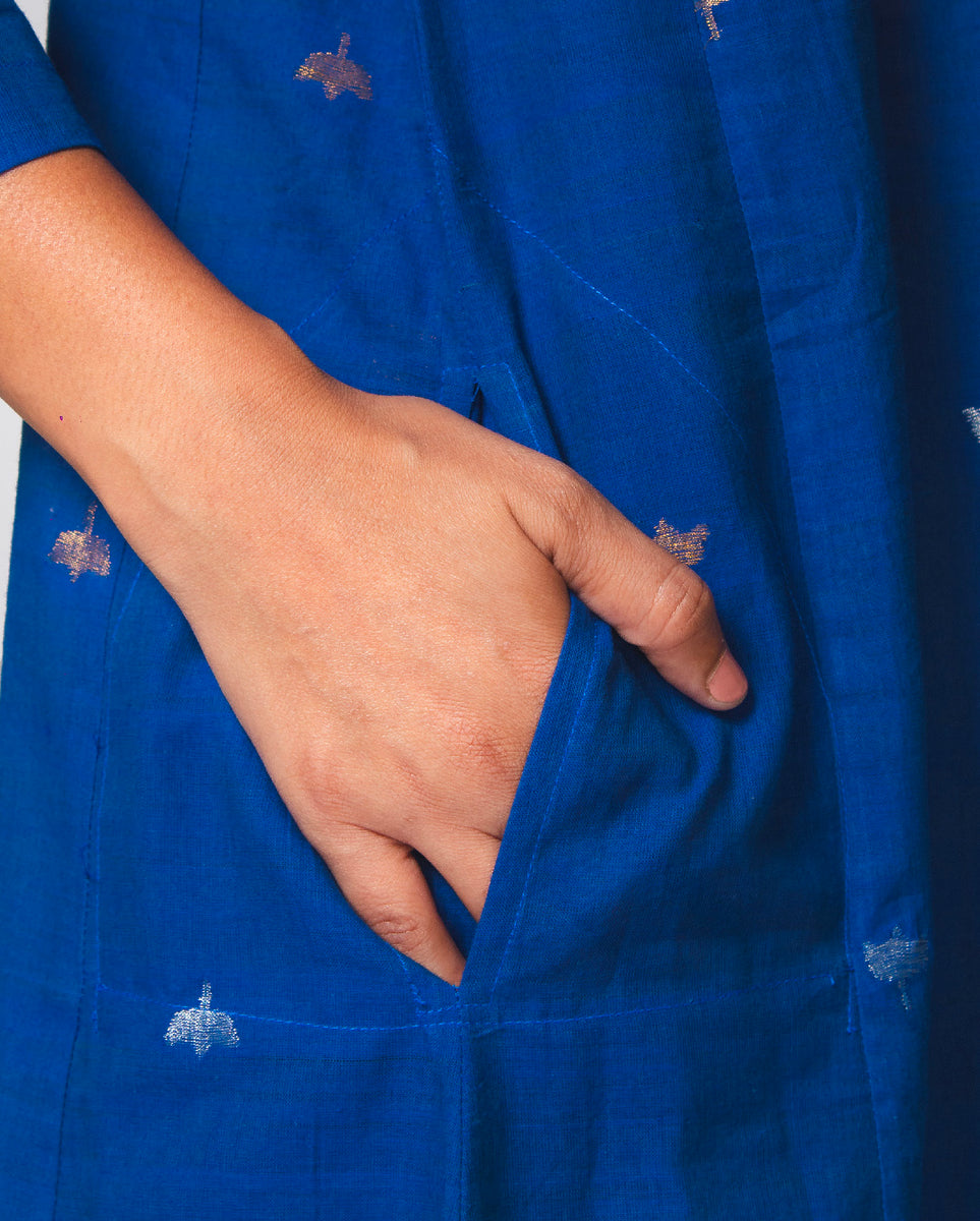 Handloom Cotton Jamdani Kalidar Kurta with Zari Buta Blue